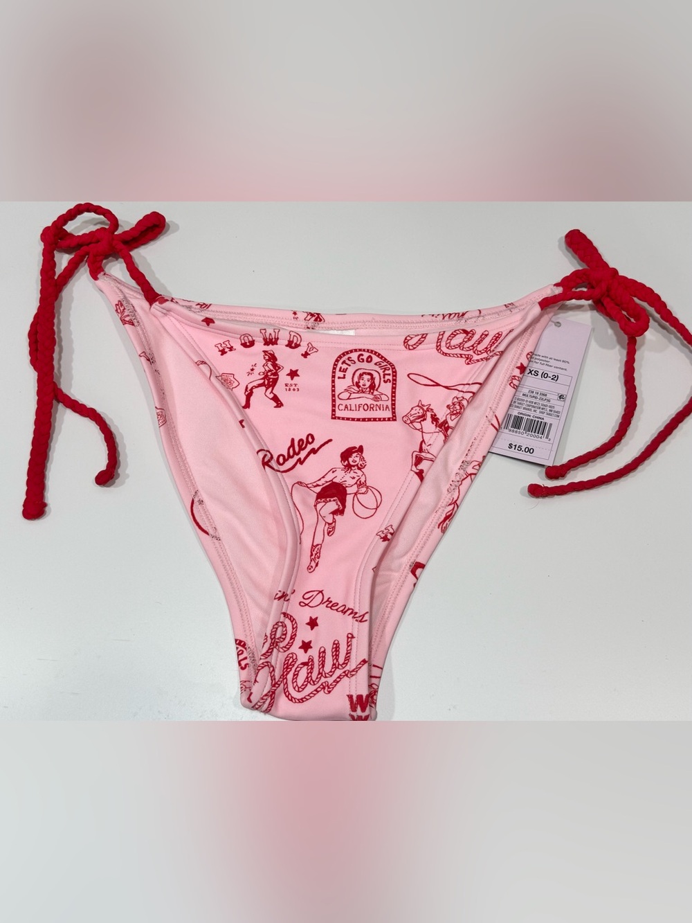 wild fable Pink Bikini Bottoms with Red Tie Straps Cowgirl rodeo size XS(0-2)